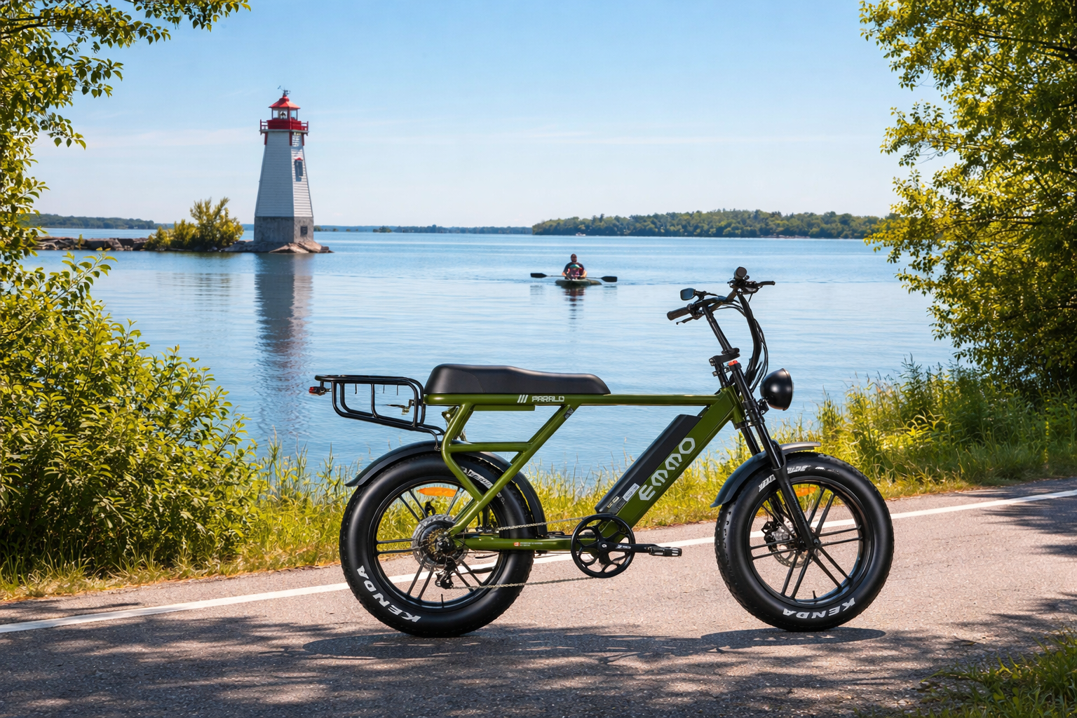 Paralo Pro E-Bike parked in front of Lake Simcoe waterfront in Georgina, Ontario