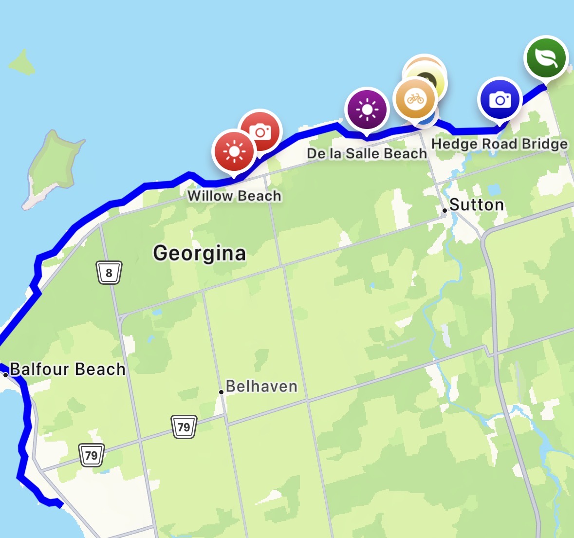 Lake Drive Loop App Screenshot showing the Lake Simcoe Shoreline route in Georgina, Ontario
